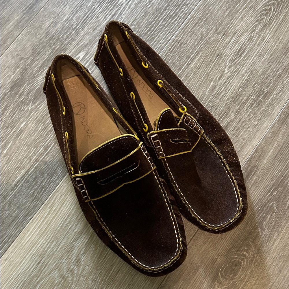 Men's Brown Suede Penny Loafers with Yellow Accents